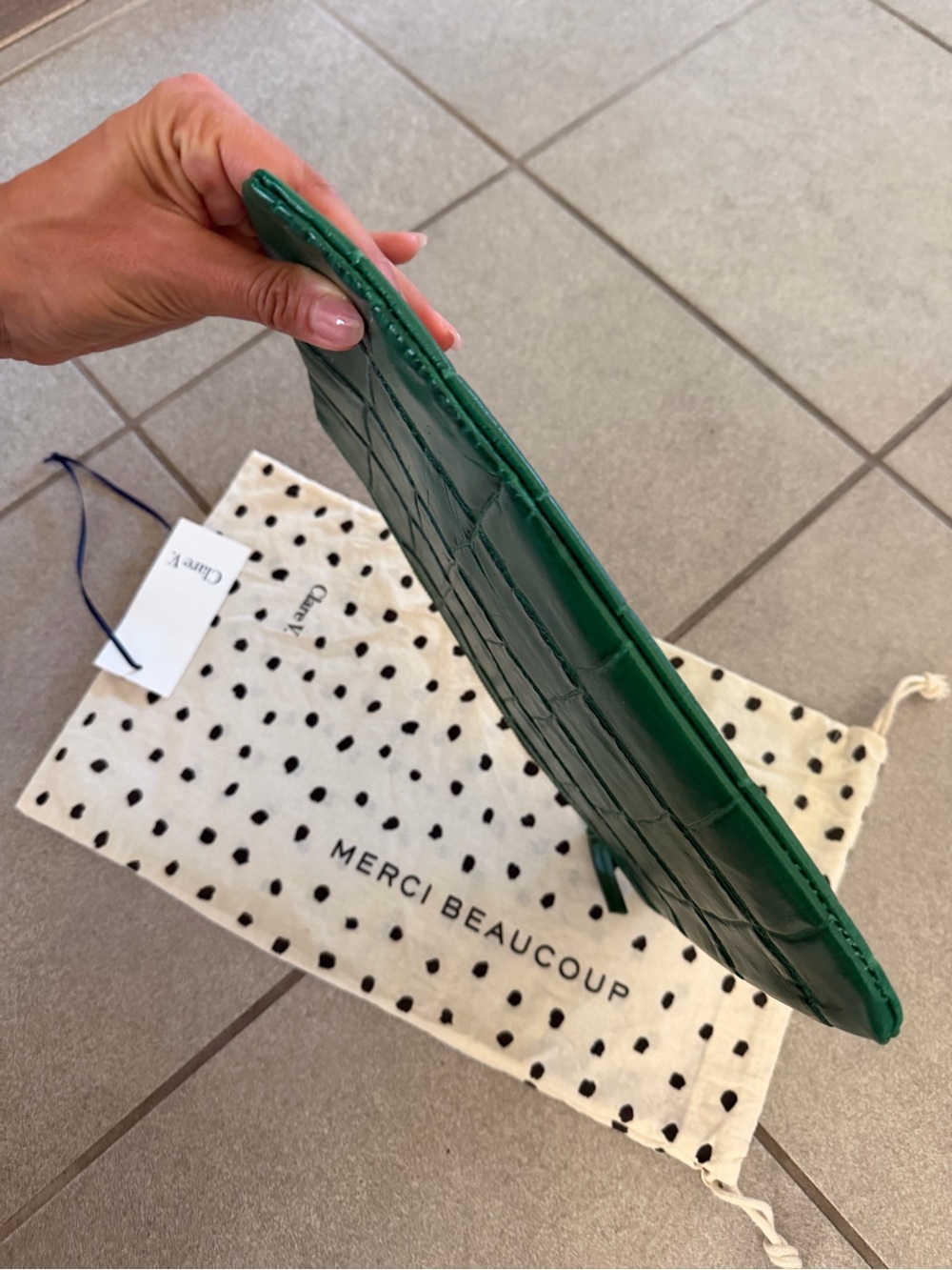 Clare V Green Croc-Embossed Leather Zip Pouch Clutch - Picture 3 of 5